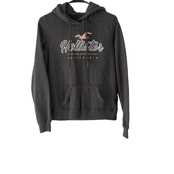 Hollister Sweaters - Hollister Women's Size Medium Grey Pink Logo Hooded Pullover Sweater
